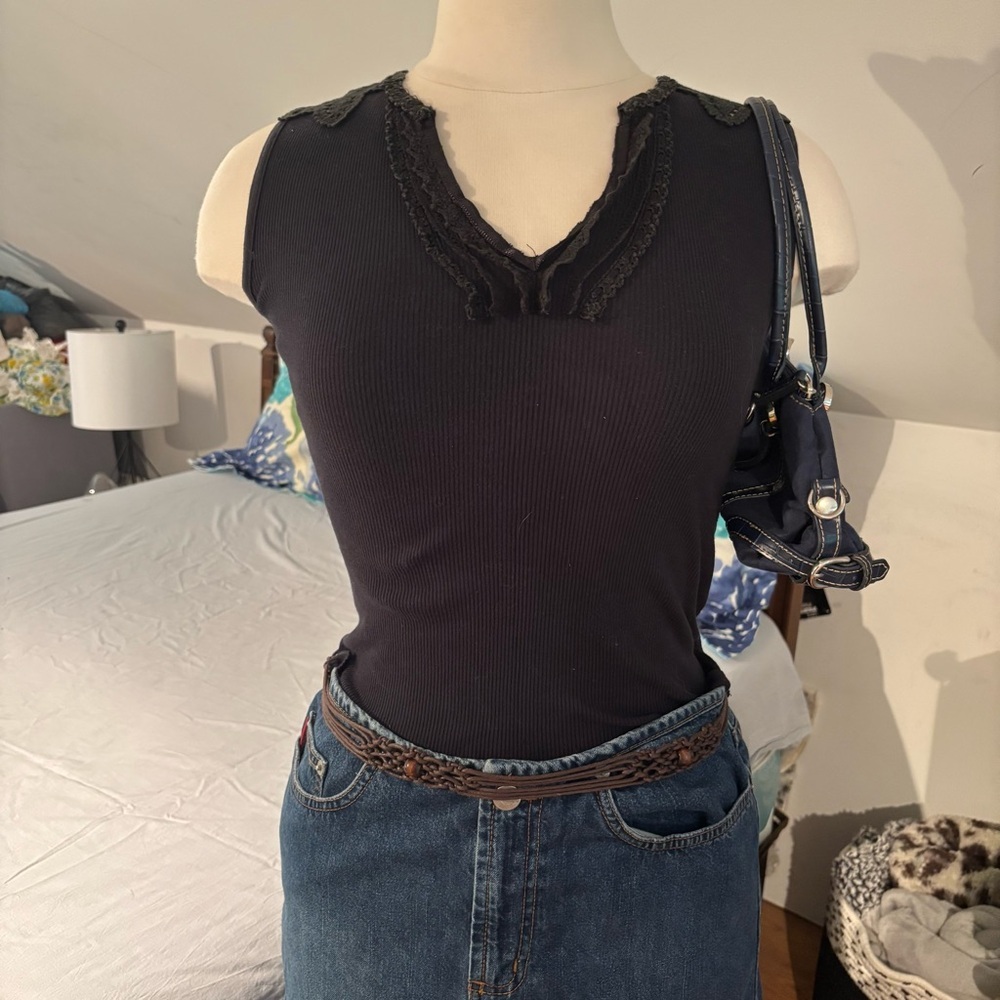 Mango Black Lace Embroidered Trim Top
